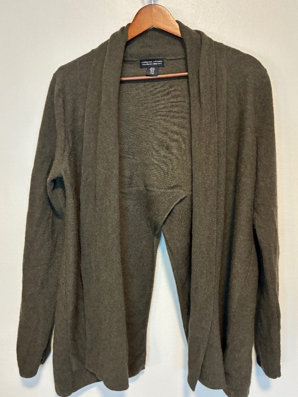 Adrienne Vittadini olive green open-front & split back cardigan 100% merino wool